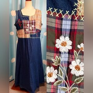 Hona to Be patchwork GrandmaCore denim jean maxi dress-L